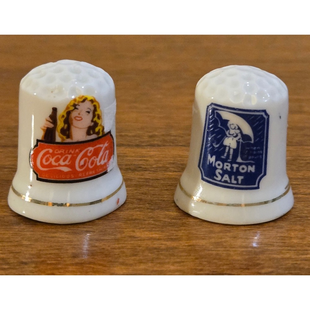 Vintage Coca-Cola & Morton Salt Porcelain Thimbles Set JSNY Taiwan Advertising